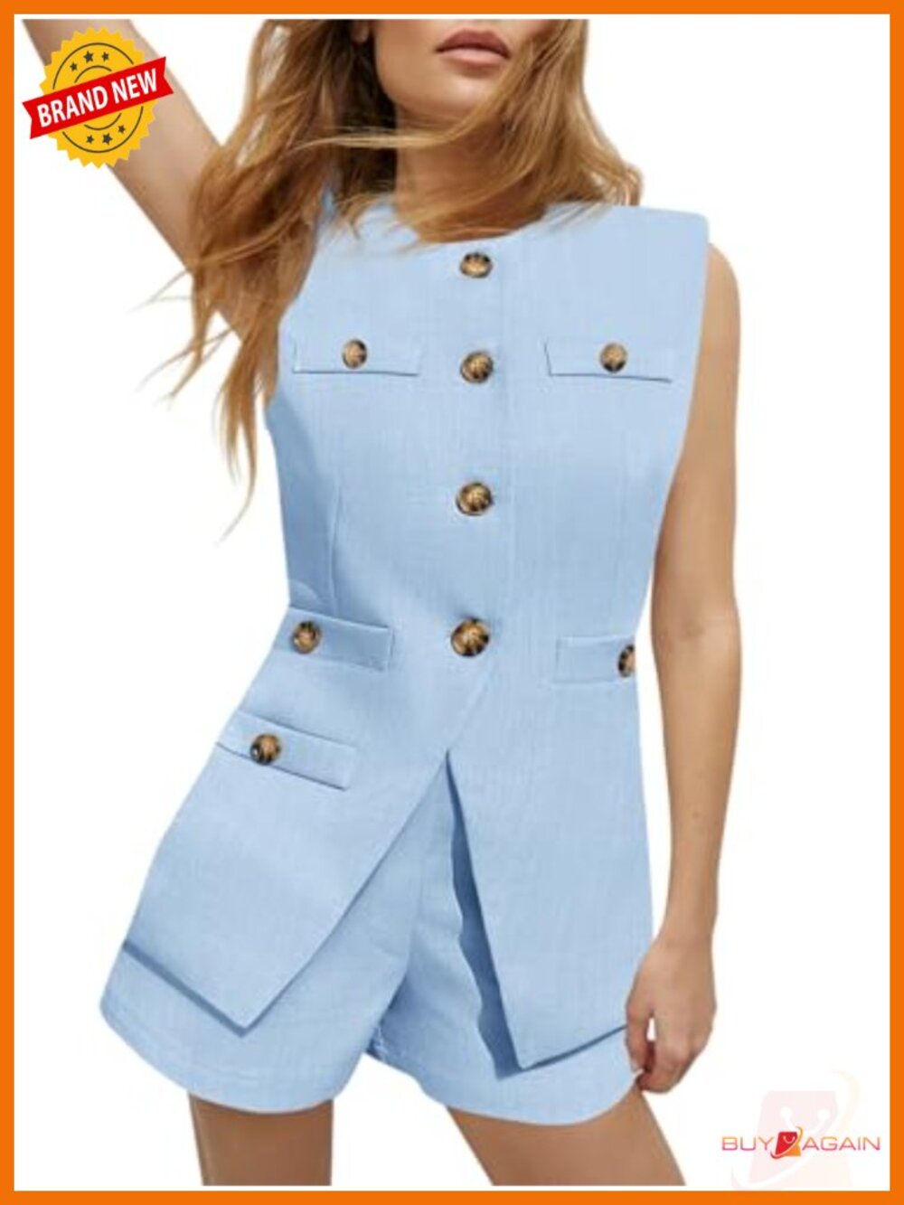2 Piece Sleeveless Linen Vest and Shorts Set Casual Summer Blazer Short Office